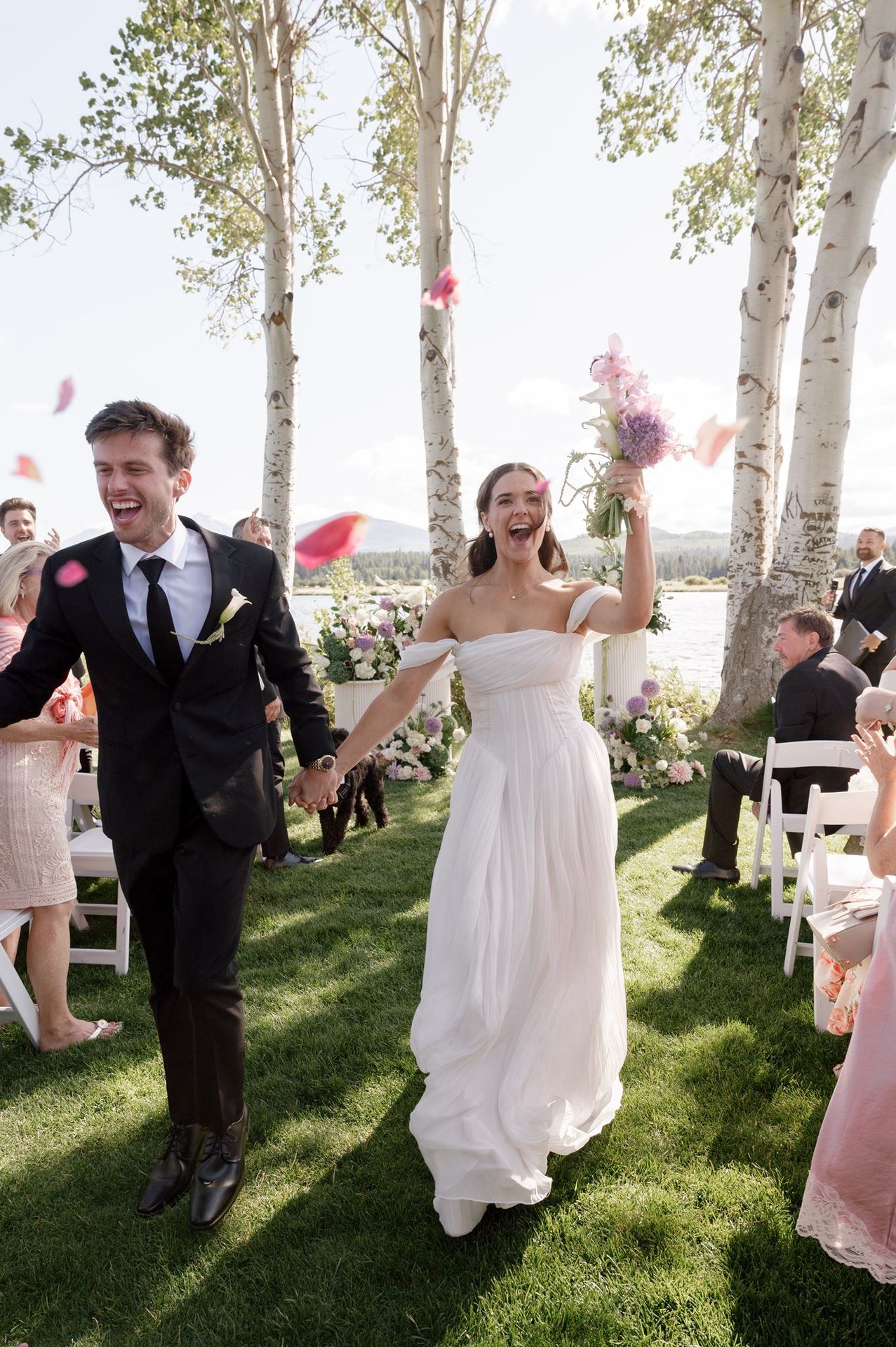Just-married couple walking the aisle in Oregon